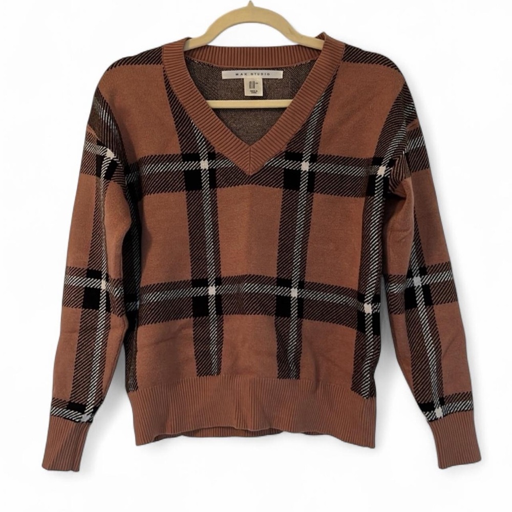 Max Studio Plaid V-Neck Sweater Brown Black XS - Picture 3 of 9